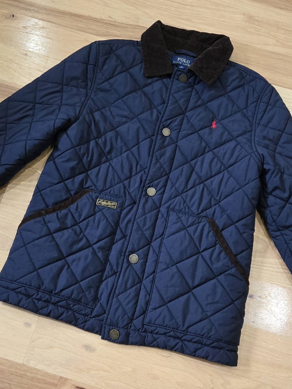 Polo by Ralph Lauren Navy Quilted Puffer Jacket with Brown Corduroy Trim